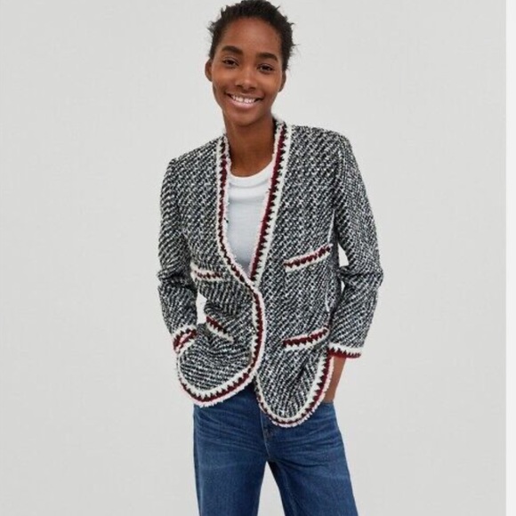 Zara Bloggers Favorite Black & White/Red Tweed Textured Lady 3 Button Blazer, S - Picture 4 of 14